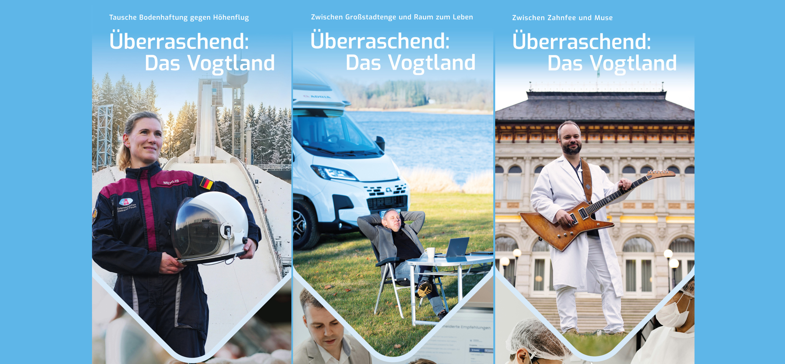 Hellblauer Hintergrund und eine Collage aus drei Bildern: Frau Dr. Mehlis im Fluganzug, Herr Jäkel beim Camping, Herr Dr. Kunze mit E-Gitarre