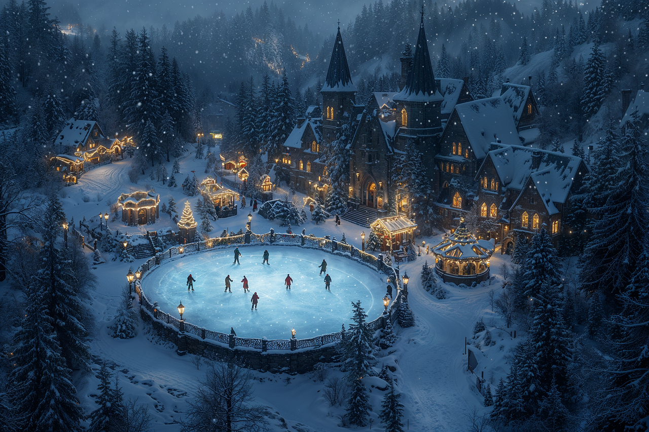 romantischer, erleuchteter Weihnachtsmarkt vor einem Jagdschloss im verschneiten Wald am Abend mit Eislauffläche und Läufern darauf, Schneeflocken fallen